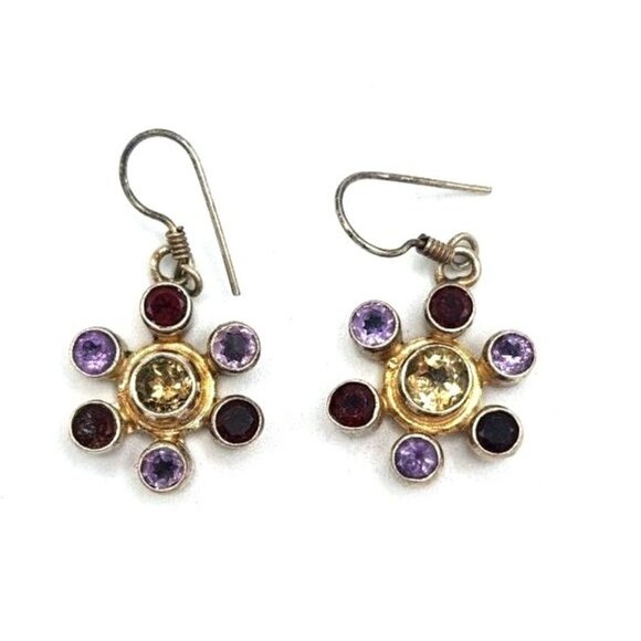 Amethyst Garnet Earrings Blue Topaz Silver Tone Dangle Earrings - Picture 1 of 3